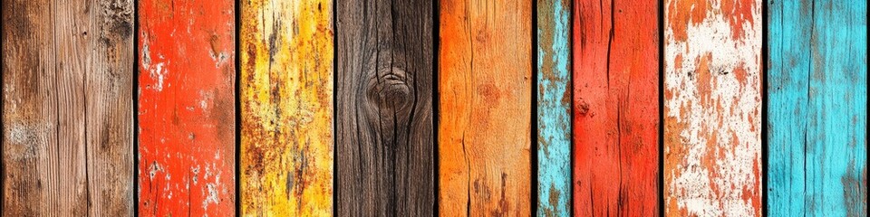 Vibrant, weathered wooden planks in diverse colors and textures, arranged vertically, showing signs of age and paint chipping