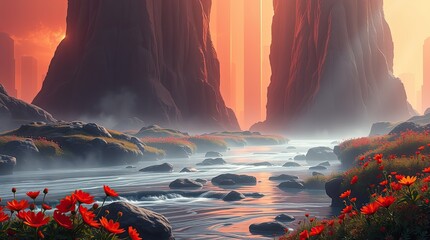 A stunning valley features a winding river surrounded by colorful flowers illuminated by a warm sunset creating a peaceful atmosphere in nature