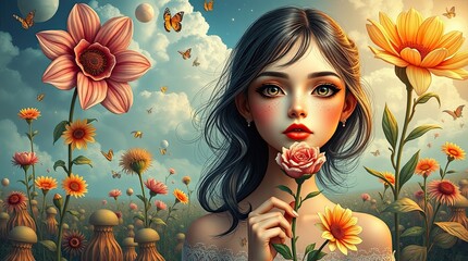 A young woman stands in a vibrant flower field holding a rose surrounded by blooming flowers and butterflies in a bright and sunny atmosphere
