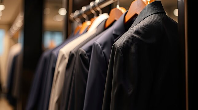 Elegant suits are arranged on hangers in a contemporary retail space highlighting the craftsmanship and design of tailored garments for discerning shoppers