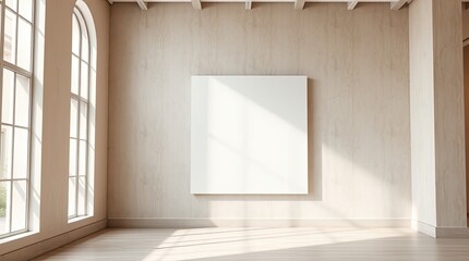Sunlight streams through large windows illuminating an empty canvas in a spacious minimalist art gallery setting showcasing potential creativity