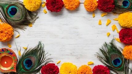 Traditional janmashtami decoration with marigold flowers, peacock feathers, and diya lamp arranged on white wooden background, symbolizing Indian festive celebration and cultural elegance.
