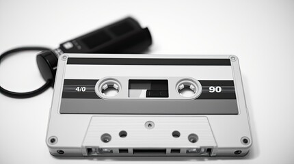 A close up view of a vintage audio cassette next to a compact tape recorder evoking memories of music and recordings from earlier decades