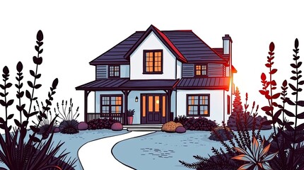 Charming two story house with glowing windows and a welcoming porch surrounded by lush gardens illuminated by a peaceful sunset glow