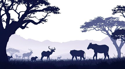 Wild animals such as elephants deer and antelope wander across a grassy landscape at dusk surrounded by tall trees and distant hills under a colorful sky