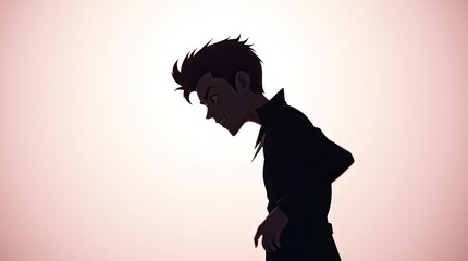 A young animated character with spiky hair is walking confidently with a sly grin. The background features a gentle gradient that highlights the figures silhouette