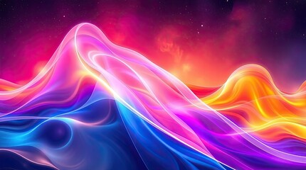 Colorful waves undulate across a surreal landscape blending hues of pink orange and blue against a twilight sky filled with stars
