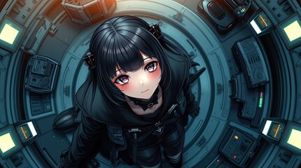 A girl with dark hair and a striking outfit looks upwards from a round technology filled chamber surrounded by glowing screens and machinery