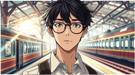 A young individual with glasses stands at a train station as the sun sets trains are visible in the background creating a serene and reflective atmosphere