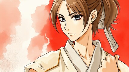 An anime character with a determined expression showcases strength and focus dressed in a traditional martial arts outfit ready for action in a tournament