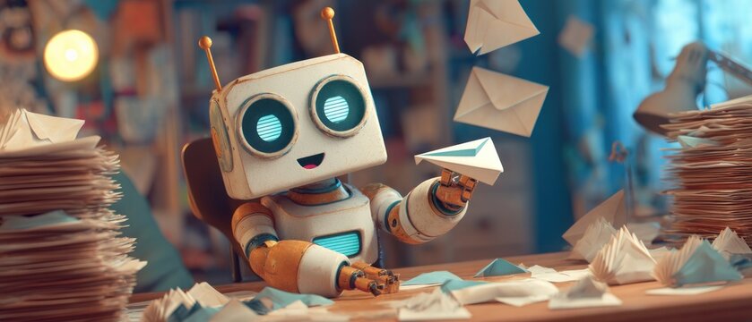 Robot holding paper airplane on desk with letters, automation concept