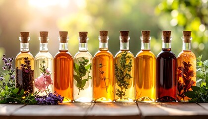Variety of herbal oils in bottles