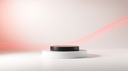 A circular podium features a white base and a black top set against a soft background with flowing light effects ideal for product displays or events