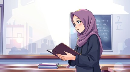 In a warm library a young woman in a hijab stands reading a book surrounded by shelves and soft sunlight streaming through the windows