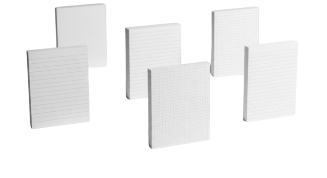 Stack of blank white notepads with lined and unlined pages isolated PNG with Transparent Background