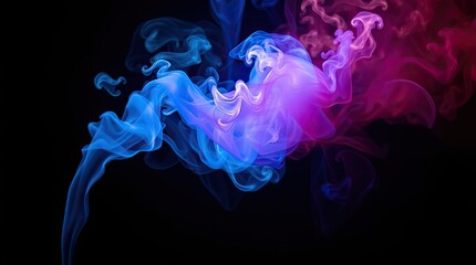 Colorful smoke flows gracefully through the air creating a mesmerizing display of pink blue and purple against a dark backdrop capturing fluidity and artistry