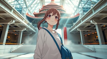 A girl with brown hair and a blue bag stands in a spacious atrium admiring the intricate design and light streaming in from above