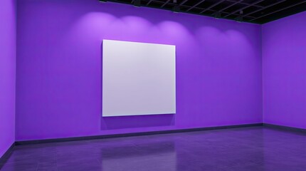 A spacious art gallery features bold purple walls an empty square canvas mounted on the wall and polished floors reflecting the unique atmosphere