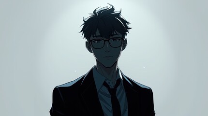 A young man wearing glasses and a suit stands in a poised manner under a soft light creating a captivating silhouette against a muted background