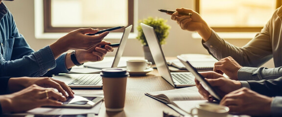 People at a table with laptops, coffee, and tablets in an office, working together in a collaborative and modern environment focused on digital teamwork and effective communication.