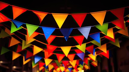 Brightly colored triangular flags hang overhead creating a lively atmosphere for a community celebration at night with laughter and joy filling the air