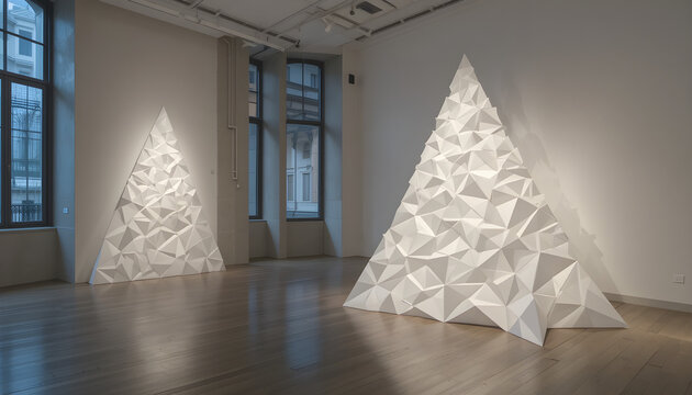 Off White Paper Triangle Sculpture Installation in Bright Room