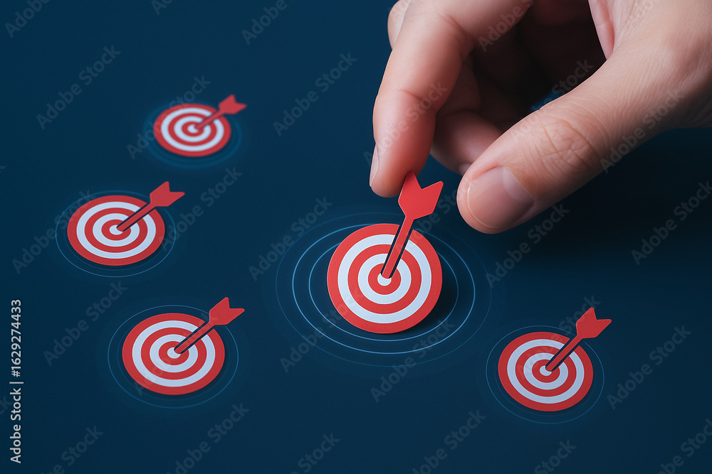 Poster successful business target alignment concept with hand placing dart on center of target for strategi