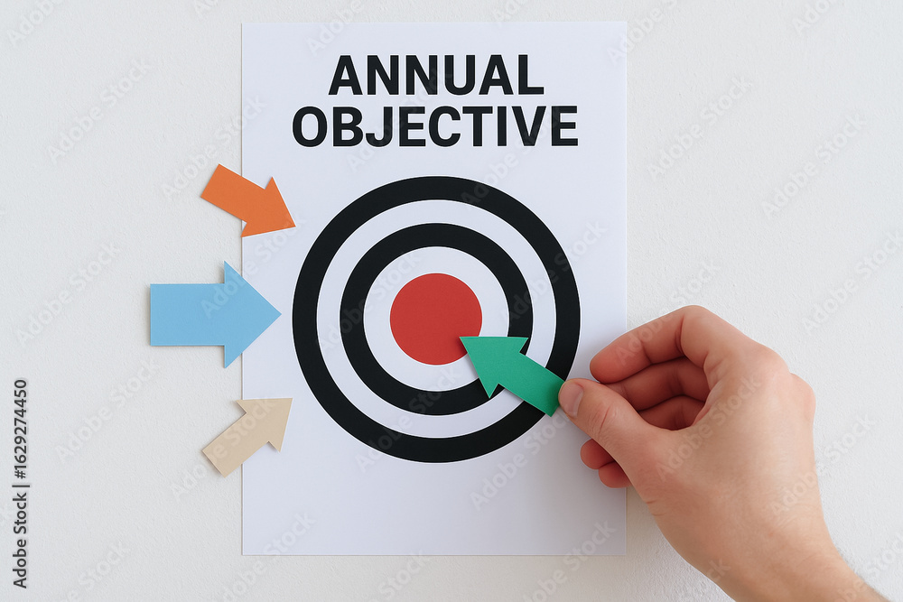 Aufkleber annual objective concept with arrows targeting center of target symbolizing business focus and align