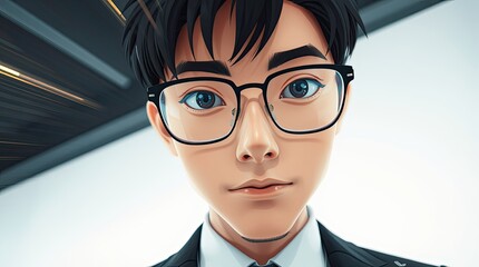 A young man wearing glasses showcases a confident demeanor while standing in a contemporary office space during the afternoon capturing modern professionalism