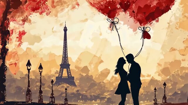 Romantic couple with heart-shaped air balloons enjoying paris views with the eiffel tower in the background. Beautiful digital illustrative video perfect for valentine's day and love-themed designs.