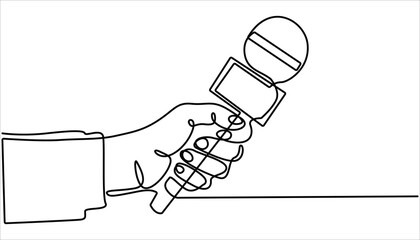 
Continuous one line drawing of hand holding news microphone. Journalist, reporter concept, Continuous line art drawing of hand holding microphone. This minimalist illustration represents a TV news.