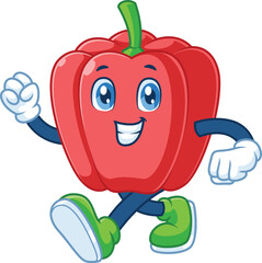 cute cartoon bell pepper with walking pose and clenched fists expressing confidence