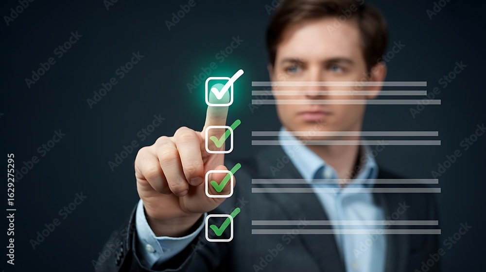 Poster man checking off items on a digital list task