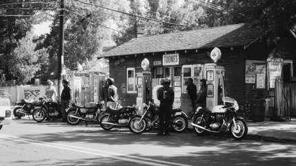 Obraz premium Vintage Gas Station with Motorcycles and Bikers in Black and White
