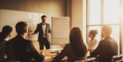Business meeting with a presenter and audience in a bright conference room, delivering visual insights and engaging participants during a structured corporate discussion.