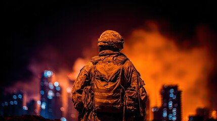 Fototapeta premium Military personnel watches a burning city at night.