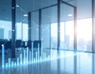 Abstract image of financial data overlaid on a modern office space