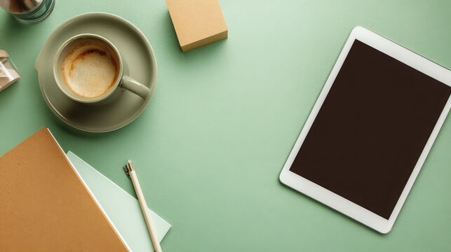 Workspace with tablet coffee and notebook top view mockup - Powered by Adobe