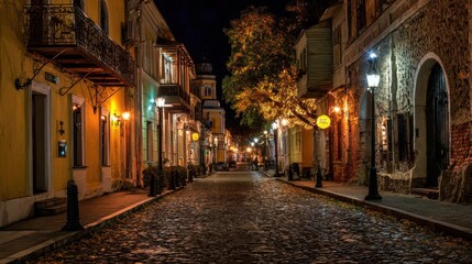 Fototapeta premium Cobblestone street lined with vibrant historic buildings is illuminated by warm lights during a tranquil night, creating an inviting atmosphere for evening walks.