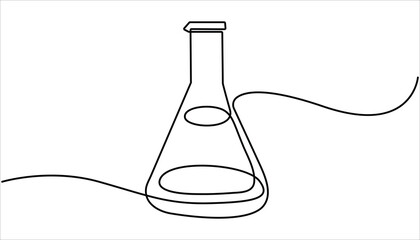 Lab experiment tools in continuous single one line art drawing. Minimalist glassware for laboratory research. Chemical lab flask, Laboratory test tube in continuous one line drawing. Editable vector. © Creative Tania
