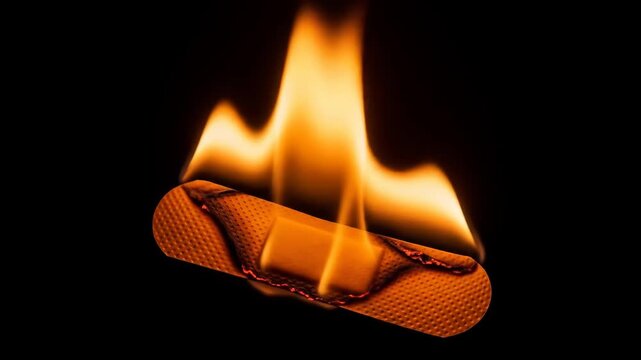 Burning Bandage - A close-up shot of a bandage engulfed in flames against a black background. The edges of the bandage are charred and the fire is bright orange and yellow.