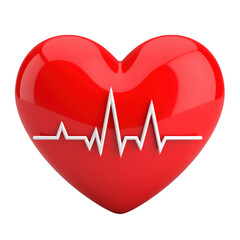 3d Red Heart and Heartbeat Wave Icon isolated on white and transparent background.