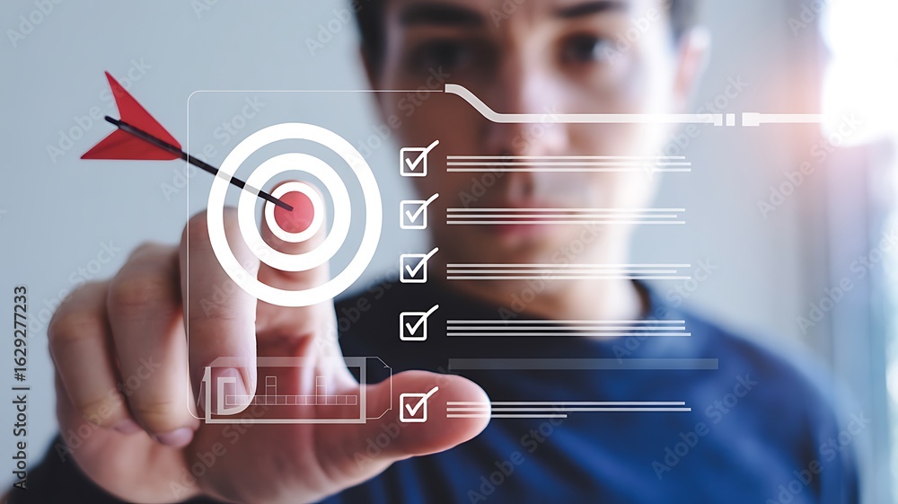 Poster man pointing at digital target with checklist finger screen