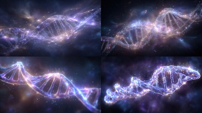 Shimmering DNA strands float amidst cosmic nebula, against a dark backdrop