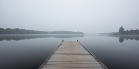 Naklejka premium A wooden pier extending out into a tranquil lake, surrounded by dense fog. The water is completely still, reflecting the faint outlines