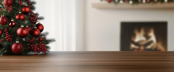 Christmas tree with red ornaments near a blurry fireplace and wooden surface