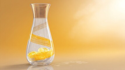 Glass carafe with lemon slices on a yellow background, refreshment