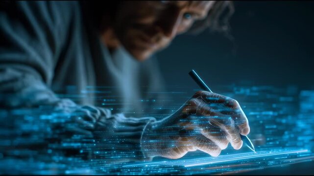 a cyberpunk-style person writing detection rules on a digital tablet, glowing data streams in the background, primary color blue, secondary color white,
