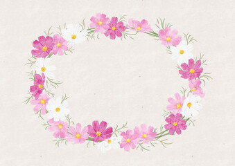 Hand-Painted Pink, White ＆ Magenta Cosmos Oval Wreath – Horizontal Layout on Recycled Paper Background