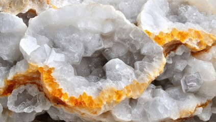 Close-up of a geode revealing crystalline formations within a translucent, off-white matrix, accented by bands of yellowish-orange mineral deposits